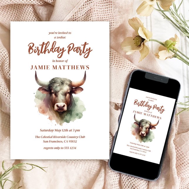 Taurus Bull Zodiac Sign Themed Birthday Party Invitation (Watercolor Taurus Zodiac-Themed Party Collection | 5x7 Invitations Prints & Digital Shown Here)
