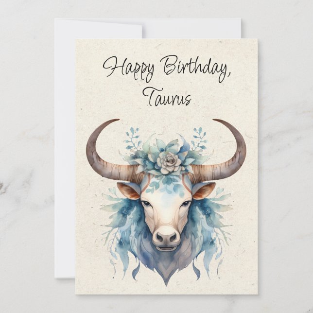 Taurus Bull Zodiac Watercolor Birthday Card (Front)