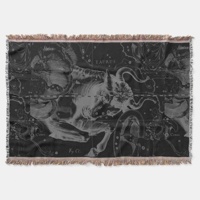 Taurus Constellation Hevelius 1690 on Black Throw Blanket (Front)