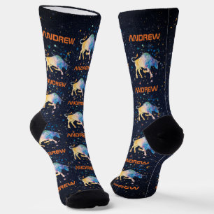 Taurus Constellation Zodiac Watercolor Star Galaxy Socks