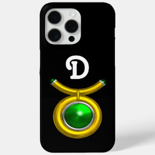 TAURUS /GOLD,GREEN EMERALD ZODIAC JEWEL MONOGRAM iPhone 15 PRO MAX CASE