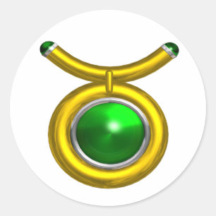 TAURUS /GOLD,GREEN EMERALD ZODIAC SIGN JEWEL CLASSIC ROUND STICKER