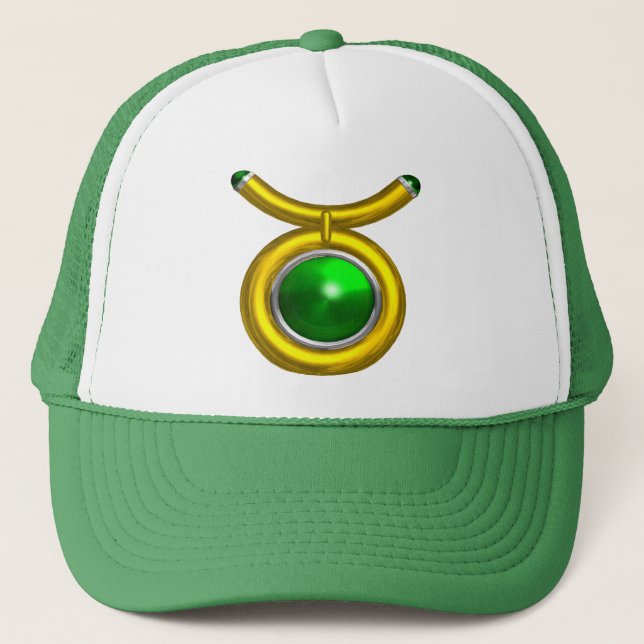 TAURUS /GOLD,GREEN EMERALD ZODIAC SIGN JEWEL TRUCKER HAT (Front)