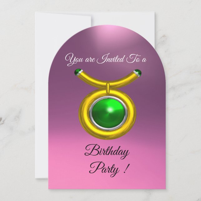 TAURUS,GOLD,GREEN PINK LILAC ZODIAC BIRTHDAY PARTY INVITATION (Front)