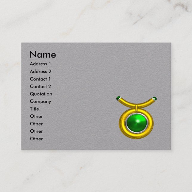 TAURUS GOLD ZODIAC JEWEL,Green Emerald,Grey Paper Business Card (Front)