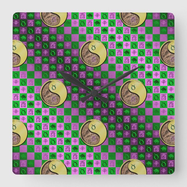 Taurus & Metal Rooster Square Wall Clock (Front)