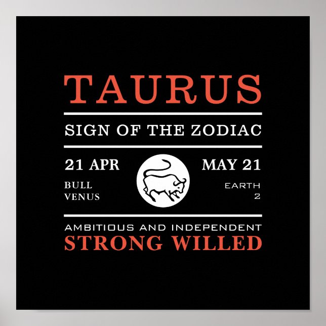 Taurus Sign of the Zodiac, Astrological Poster (Front)