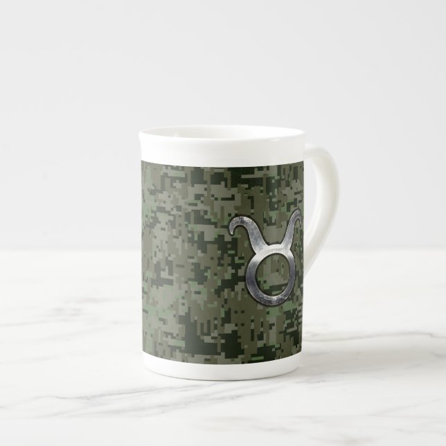 Taurus Sign on Woodland Green Digital Camouflage Bone China Mug (Front Right)