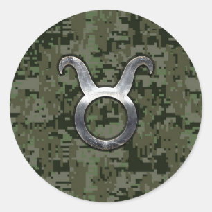 Taurus Sign on Woodland Green Digital Camouflage Classic Round Sticker