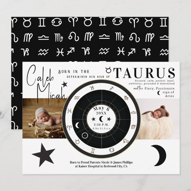 Taurus Sun & Moon Sign Zodiac Birth Announcement (Front/Back)