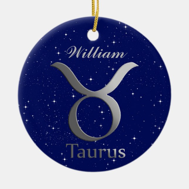 Taurus Sun Sign Symbol with Name Ceramic Tree Decoration (Front)