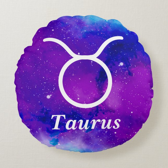Taurus Symbol Purple Blue Space Nebula Round Cushion (Front)