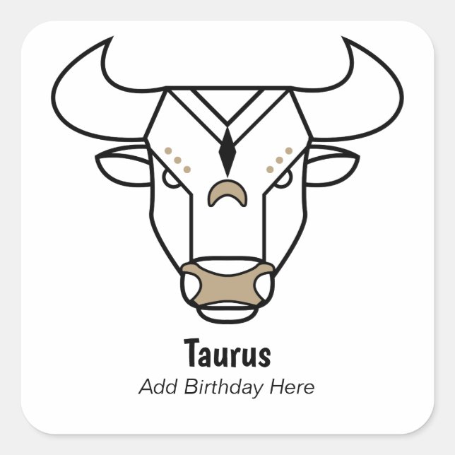Taurus the bull black gold personalised zodiac square sticker (Front)