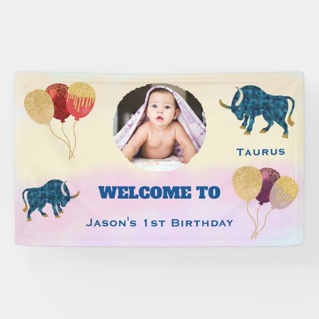 Taurus Watercolor 1st Birthday Photo Sign (Horizontal)