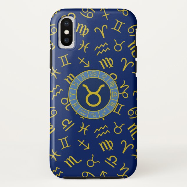 Taurus Zodiac+Astrology Symbols Pattern Gold+Blues Case-Mate iPhone Case (Back)