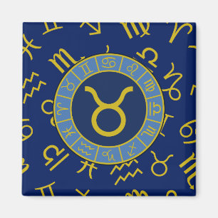 Taurus Zodiac+Astrology Symbols Pattern Gold+Blues Magnet