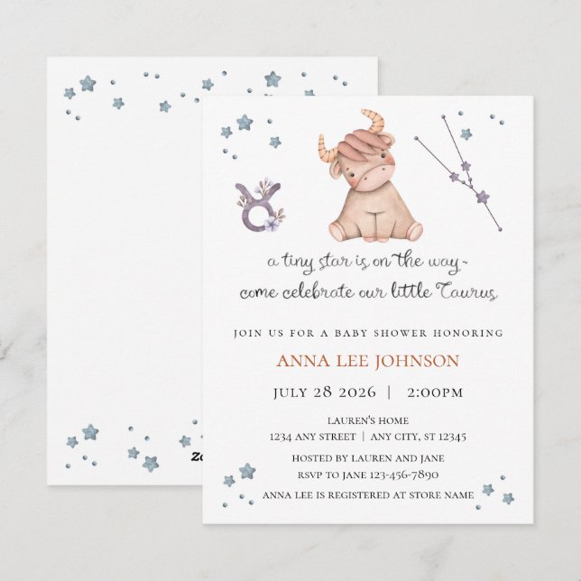 Taurus Zodiac Baby Shower Invitation (Front/Back)