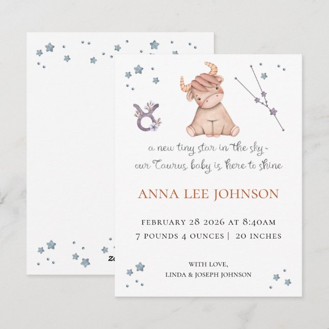 Taurus Zodiac Birth Announcement (Front/Back)