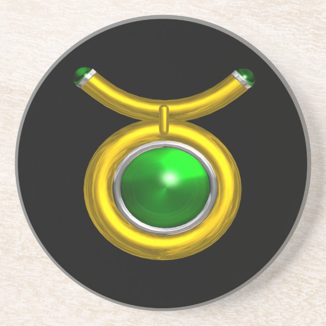 TAURUS ZODIAC BIRTHDAY JEWEL Emerald,Gold ,Black Coaster (Front)