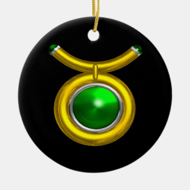TAURUS ZODIAC BIRTHDAY JEWEL GREEN EMERALD Gold Ceramic Tree Decoration (Front)