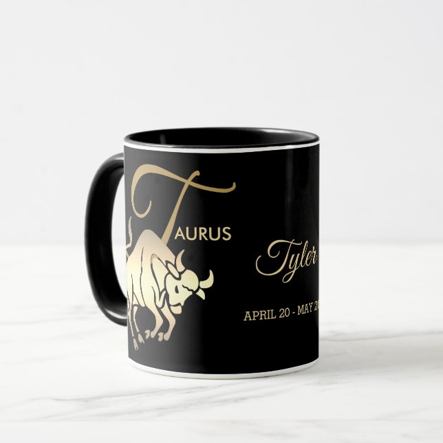 Taurus ♉ Zodiac Birthday Sign / Black and Gold Mug (Front Left)