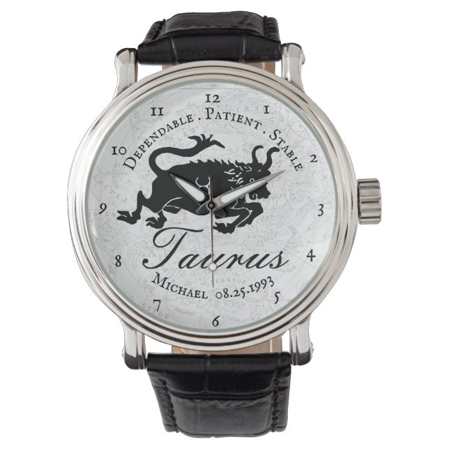 Taurus Zodiac Black White Astrology Traits Custom Watch (Front)