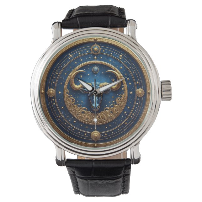 Taurus Zodiac Bull Emblem With Gold Ring Watch (Front)