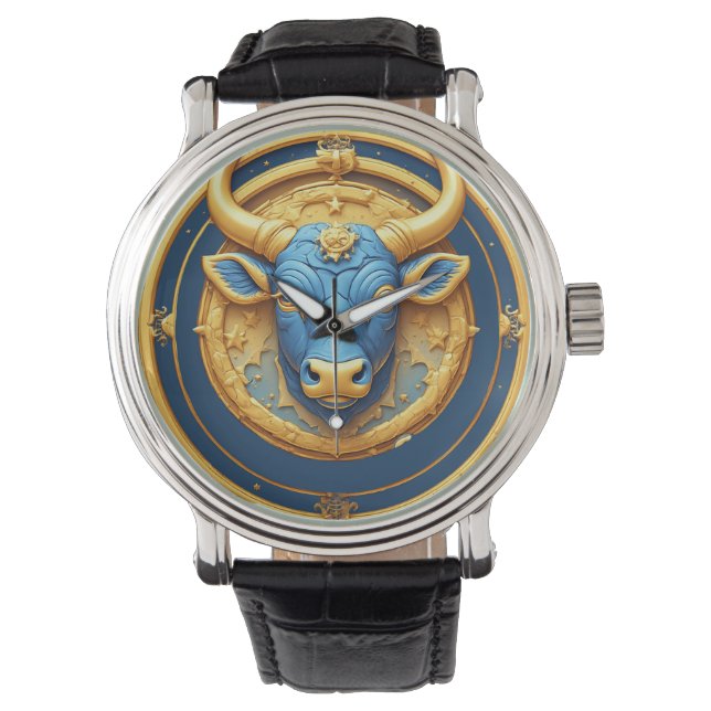 Taurus Zodiac Bull Emblem With Gold Ring Watch (Front)