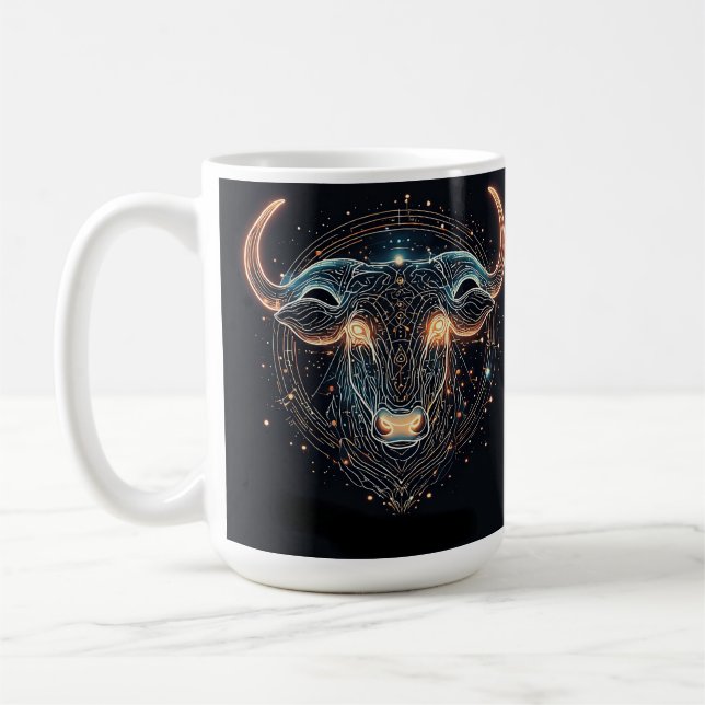 Taurus Zodiac Bull with Glowing Geometric Lines Coffee Mug (Left)