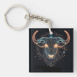 Taurus Zodiac Bull with Glowing Geometric Lines Key Ring