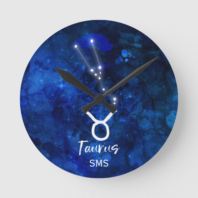 Taurus Zodiac Constellation Blue Galaxy Monogram Round Clock (Front)
