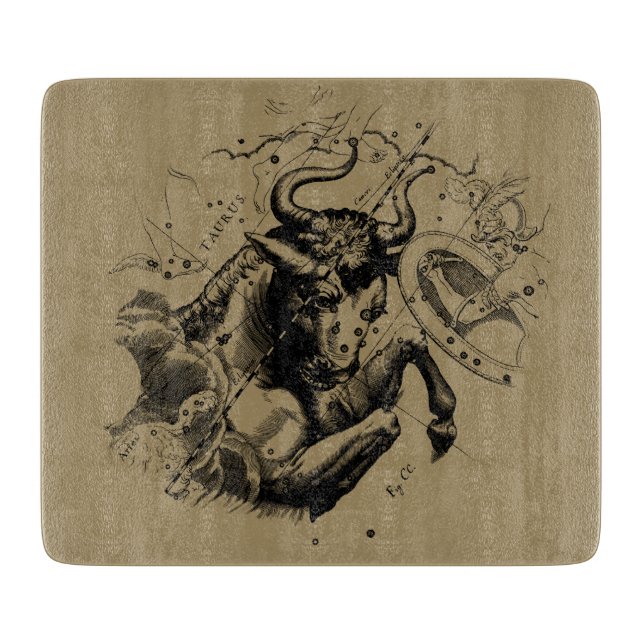 Taurus Zodiac Constellation Hevelius 1690 on Taupe Cutting Board (Front)