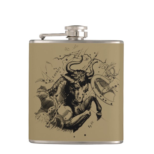 Taurus Zodiac Constellation Hevelius 1690 on Taupe Hip Flask (Front)