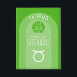 Taurus Zodiac Custom Birthday Photo Astrology<br><div class="desc">Personalise this button with a birthdate and name. A custom design with the zodiac sign - Taurus - plus personality traits, information and constellation. A fresh green colour - associated with Taurus is the main design behind all of the Zodiac details. A great gift for a friend or to just...</div>