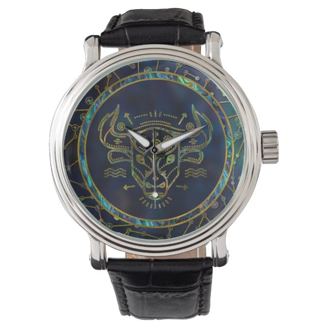 Taurus Zodiac Gold Abalone on Constellation Watch (Front)