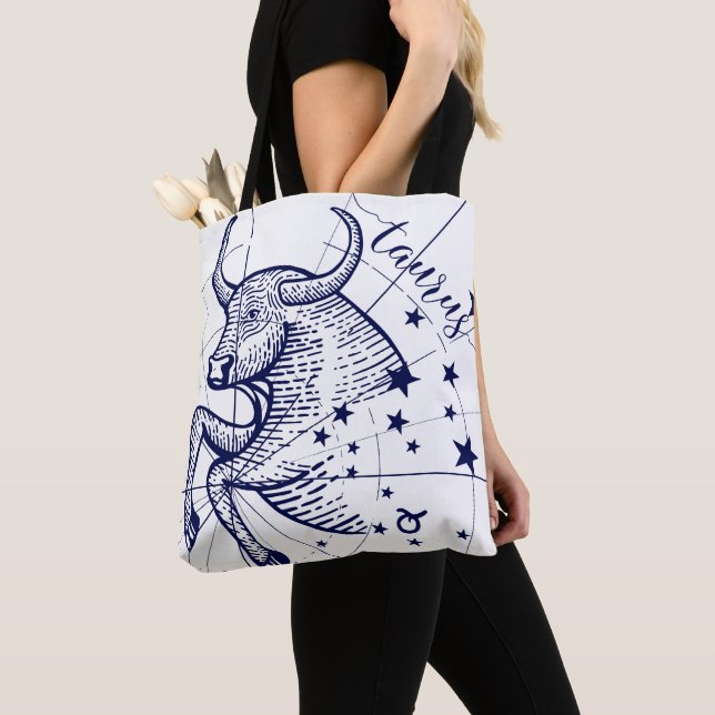 Taurus Zodiac Navy & Gold Monochrome Graphic Tote (Close Up)