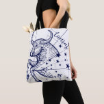 Taurus Zodiac Navy & Gold Monochrome Graphic Tote Bag<br><div class="desc">For our zodiac monochrome collection we've created these beautiful one-of-a-kind custom deep navy blue zodiac illustrative graphic tote bag designs. The tote bag features our own original interpreted detailed hand-drawn Taurus zodiac astrological artwork in a deep navy blue colour. Stylish Taurus zodiac text is incorporated along with the Taurus artwork...</div>