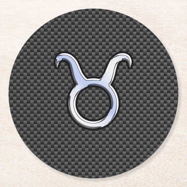 Taurus Zodiac on Charcoal Carbon Fibre Print Round Paper Coaster (Front)