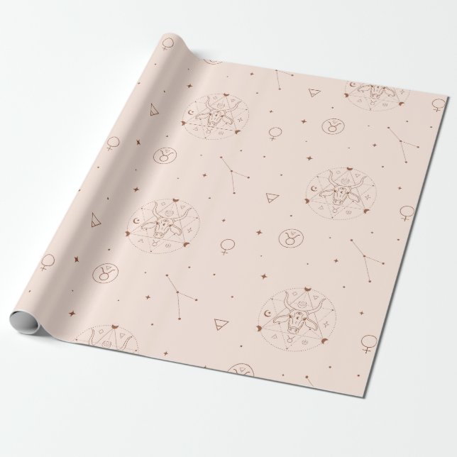 Taurus Zodiac Pattern in Brown and Burgundy Wrapping Paper (Unrolled)