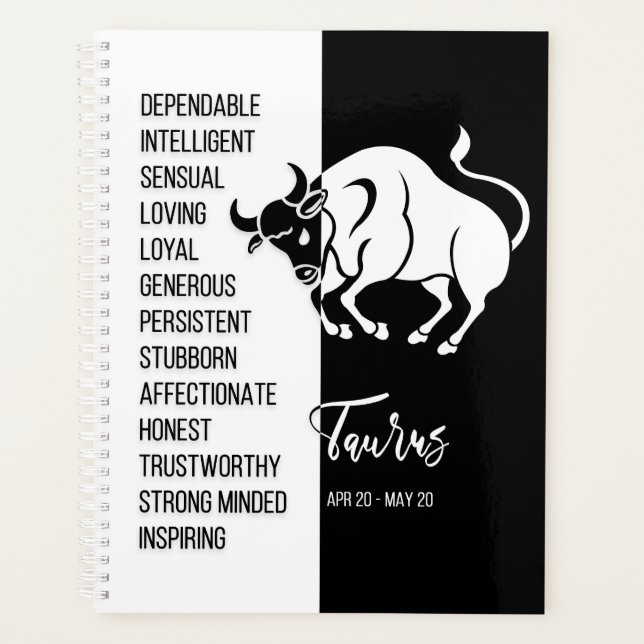 Taurus Zodiac Sign, Black & White Planner (Front)