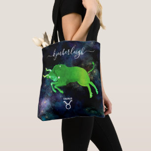 Taurus Zodiac Sign Cosmic Monogram Name Green Grey Tote Bag