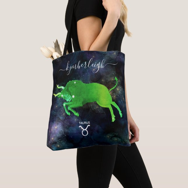 Taurus Zodiac Sign Cosmic Monogram Name Green Grey Tote Bag (Close Up)
