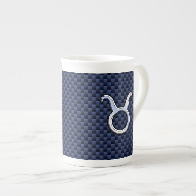 Taurus Zodiac Sign Decor Navy Blue Carbon Fibre Bone China Mug (Front Right)
