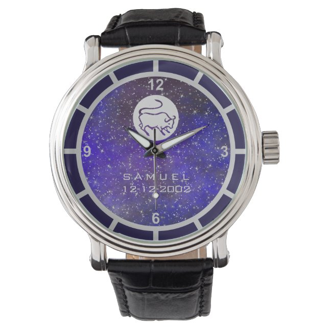 Taurus Zodiac Sign Elegant Custom Name Birth Date Watch (Front)