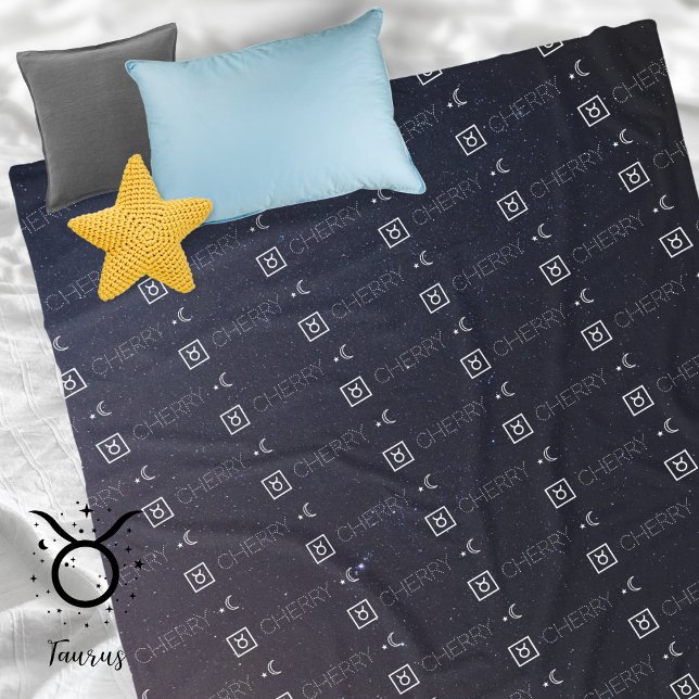 Taurus Zodiac Sign Name Constellation Astrology Fleece Blanket (Taurus Zodiac Sign Symbol Personalized Repeating Name Seamless Pattern Stars Night Sky Moon   
)