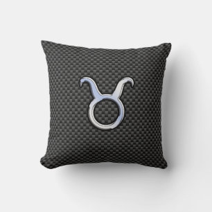 Taurus Zodiac Sign on Black Carbon Fibre Print Cushion