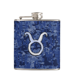 Taurus Zodiac Sign on Blue Digital Camouflage Hip Flask