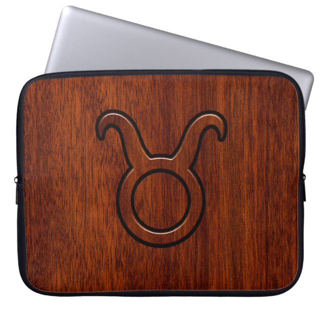 Taurus Zodiac Sign on Mahogany like print Laptop Sleeve (Front)