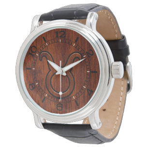 Taurus Zodiac Sign on Mahogany Style Dial Watch