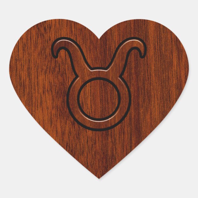 Taurus Zodiac Sign on Mahogany Style Heart Sticker (Front)
